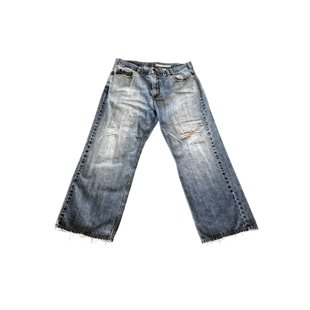 DKNY Jeans Mens Relaxed Wide Leg Distressed Embroidered Blue Denim Pants 38x30